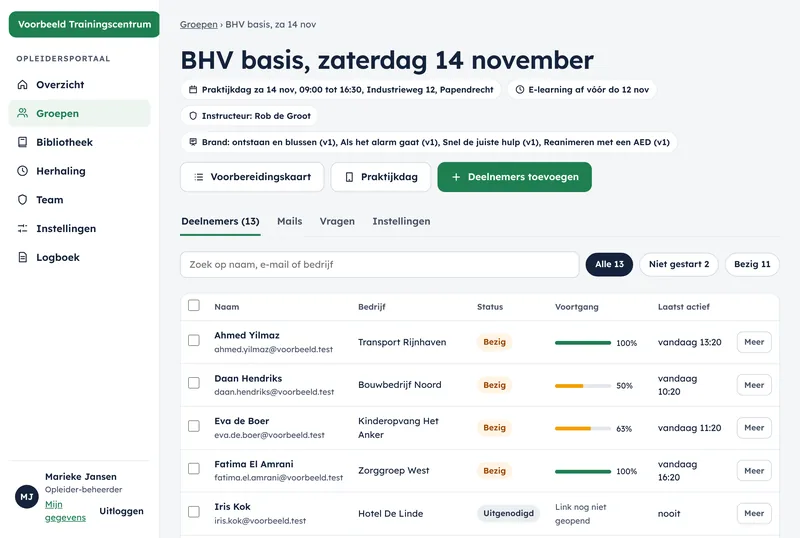 Een groep in het portaal: deelnemers met bedrijf, status, voortgang en wanneer ze voor het laatst actief waren